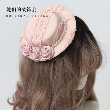 lolita可愛粉色玫瑰褶皺邊夾扁帽