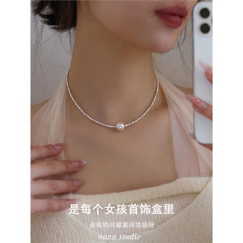 爆閃!銀河碎銀幾兩珍珠項鏈女款鎖骨鏈925純銀碎銀子頸鏈2025新款