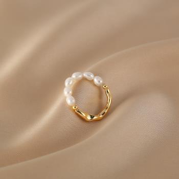 天然淡水珍珠戒指女可調節ins風法式復古設計感小眾彈力繩食指環