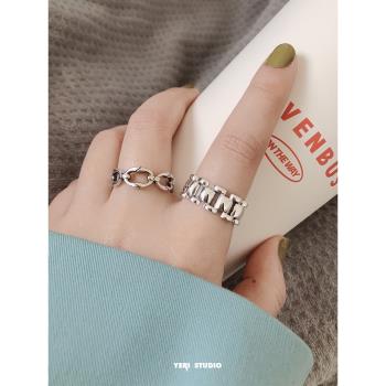 也里 戒指女純銀方形橢圓環小眾設計輕奢歐美韓式冷淡風調節指環