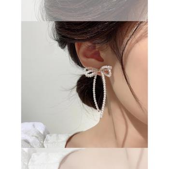 小眾設計感輕奢高級流蘇長款珍珠蝴蝶結耳環女2023年新款爆款耳飾