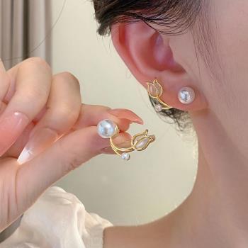 郁金香珍珠耳釘女小眾獨特夏天耳飾法式復古港風一款兩戴花朵耳環