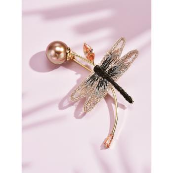 蜻蜓刺繡布藝旗袍中式胸針女高檔奢華氣質珍珠配飾西裝胸花別針扣