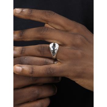 GRGR 裂痕戒指男嘻哈復古個性設計鑲藍寶石指環S925純銀開口可調