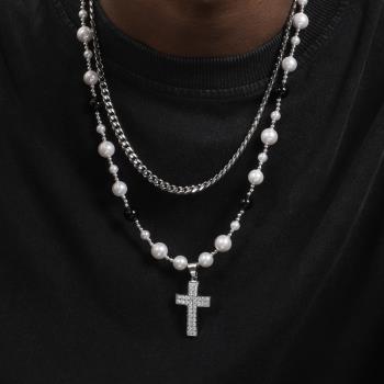 GRGR歐美流行古巴鏈十字架女貝珠