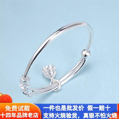 正品999女士純銀手鐲子實心蓮蓬光面簡約足銀帶鈴鐺銀手鐲禮物