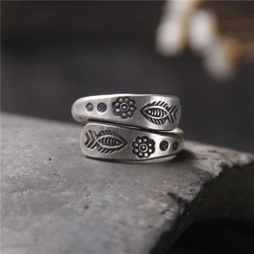 古樸銀飾 泰國清邁手工銀 925純銀小魚開口戒指 民族風指環女士款