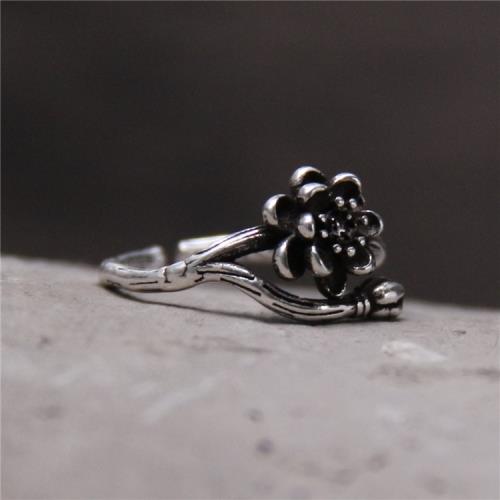 古樸銀飾 S925純銀做舊復古藤蔓小花戒指 泰銀個性開口食指環女款