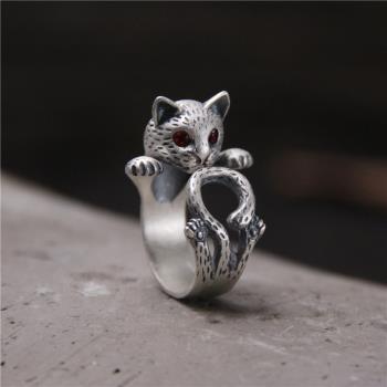 S925復古個性動物貍貓女泰銀戒指