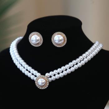 復古法式圓珍珠項鏈耳環簡約宴會女鎖骨鏈新娘結婚婚紗禮服配飾品
