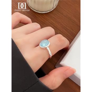 925純銀海藍寶戒指女氣質輕奢小眾設計素圈食指戒高級感時尚指環