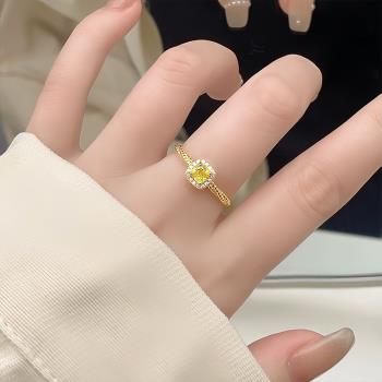 925純銀黃鉆小方糖戒指女時尚個性輕奢食指戒高級感小眾開口指環