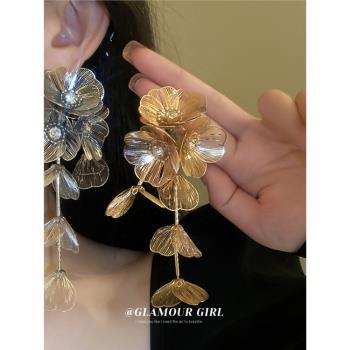 銀針時尚鑲鉆花朵長款流蘇耳環歐美個性夸張設計耳墜重工氣質耳飾