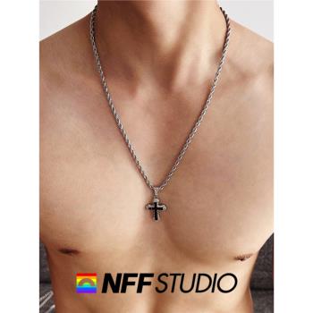NFF黑耀水晶鑲鉆十字架粗款項鏈男嘻哈痞帥歐美說唱個性鈦鋼鏈潮