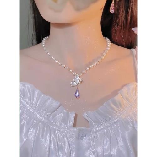 開春新款淡水珍珠項鏈高級感設計貝殼蝴蝶吊墜小眾簡約優雅鎖骨鏈