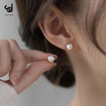 天然淡水珍珠方形耳釘女純銀養耳洞耳飾小眾設計獨特耳環2023新款
