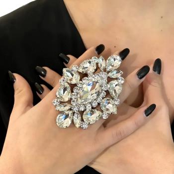 夸張個性花形水鉆戒指歐美時尚氣質閃亮水晶開口戒指女士飾品ring