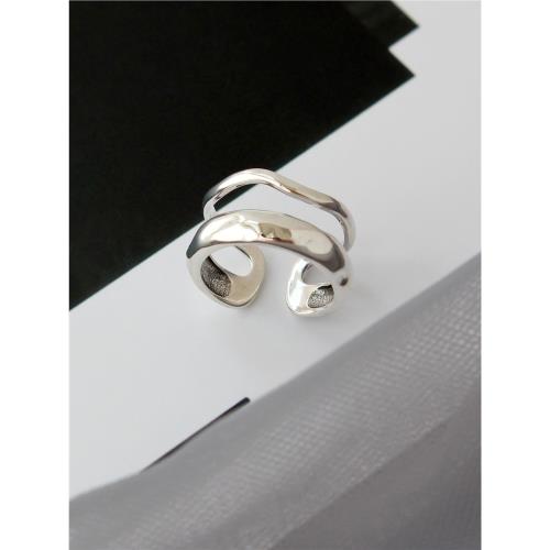 S925純銀原創小眾設計韓版簡約幾何線條戒指寬版雙層指環女食指戒