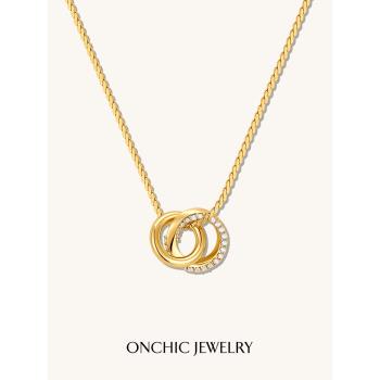 Onchic圓環項鏈輕奢小眾設計感毛衣鏈鎖骨鏈鍍18k金簡約氣質頸鏈