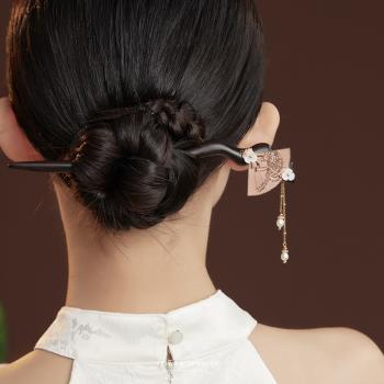 『玉扇映-發簪』為晚天然黑檀木珍珠流蘇簪子女款古風新中式禮物