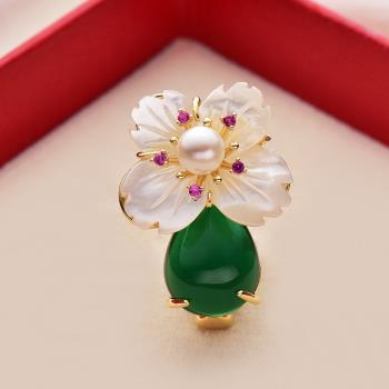 花朵中式旗袍壓襟貝殼珍珠胸花胸針高檔女中國風設計感別針配飾品