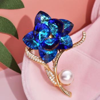藍玫瑰花胸針珍珠高檔女西服西裝別針配飾氣質精致設計感小眾胸花
