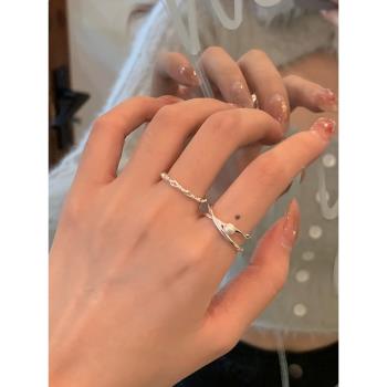 小眾簡約日常設計高級感珍珠疊戴細戒指時尚個性食指戒可調節指環