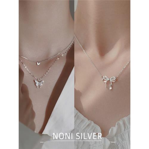 9999純銀正品雙層蝴蝶項鏈女蝶夢樹葉氣質鎖骨鏈女友禮物足銀ins