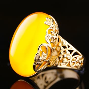925純銀鍍黃金琥珀女戒指空托