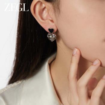 ZEGL法式黑色愛心耳環女小眾設計感高級耳釘復古925銀針秋冬耳飾