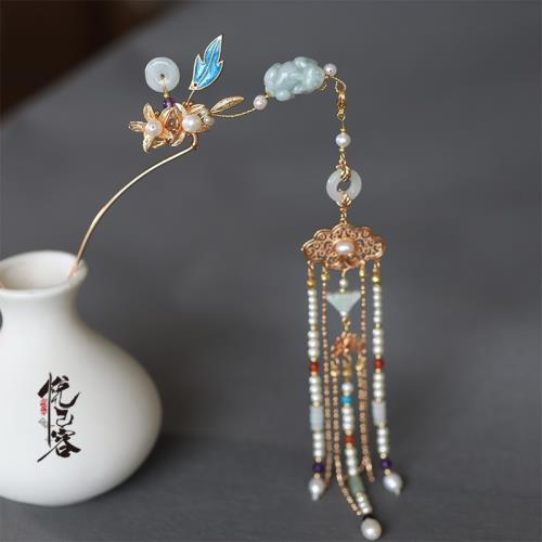 絕版悅己容[思瑤祝]古風發飾翡翠貔貅發簪子景泰藍明宋制漢服頭飾