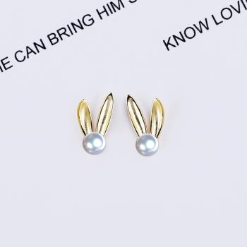 DIY鑲嵌耳飾S925純銀兔子耳朵耳釘空托銀耳墜鑲嵌珍珠蜜蠟圓珠針
