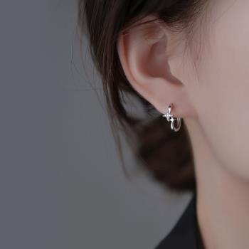 925純銀十字雙星星耳環耳圈女小眾設計感耳扣氣質耳飾高級感耳釘