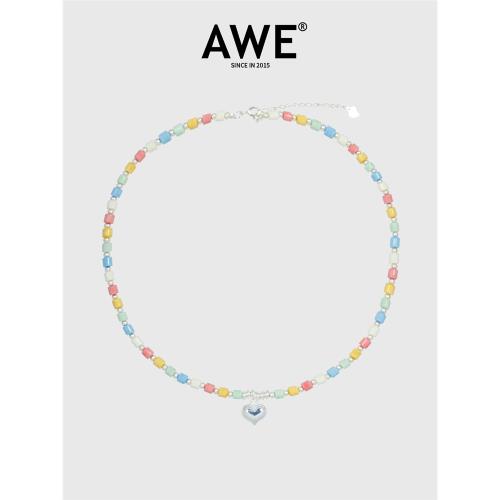 AWE愛心彩色串珠項鏈男純銀S925銀珠吊墜搪瓷鎖骨鏈女情侶款頸鏈