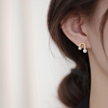 925純銀施家珍珠耳釘女2023新款潮洋氣輕奢小眾設計感U形耳環耳飾