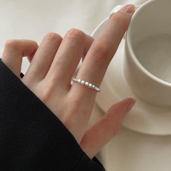 925純銀碎銀子珍珠戒指女小眾設計高級食指戒簡約抽拉式素圈戒子