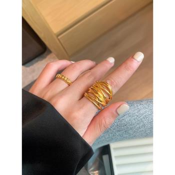 歐美ins多層金色食指戒指女時尚個性小眾設計感高級金屬獨特指環