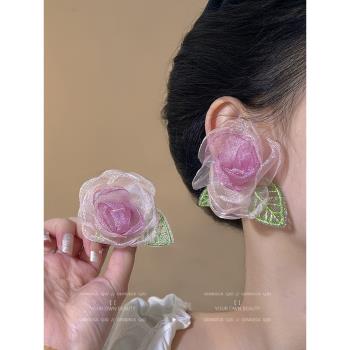 法式森系雪紡玫瑰花朵耳釘女超仙復古網紗耳環小眾設計感氣質耳飾