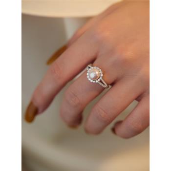 賽賽莉安強光天然淡水珍珠S925純銀戒指環簡約個性氣質小眾寶石