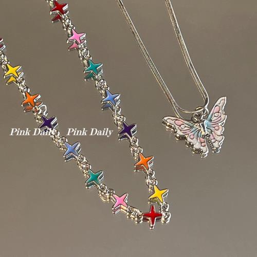 PinkDaily設計感彩色芒星鎖骨鏈女Y2K疊戴漸變紫蝴蝶項鏈氣質百搭