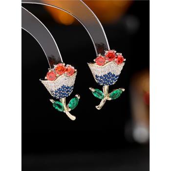 s925銀針日韓花卉耳飾鋯石鑲嵌玫瑰耳環簡約百搭甜美氣質花朵耳釘