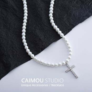 CAIMOU十字架高街風鎖骨鏈女珍珠