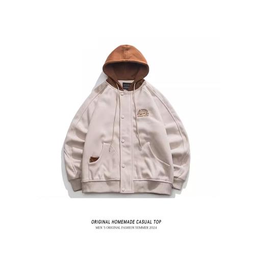 復古國潮連帽夾克男春秋季情侶款寬松百搭外套男刺繡拼接休閑上衣