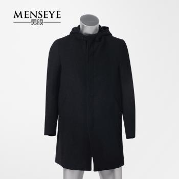 Menseye男眼 冬季新款黑色毛呢大衣男 時尚韓版修身大衣男