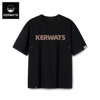 KERWATS/可維斯品牌英文字母潮牌印花v領t恤男夏季新疆棉黑色短袖