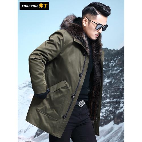 派克服男士水貂內膽皮毛一體中長款黑色休閑連帽大衣海寧皮草外套