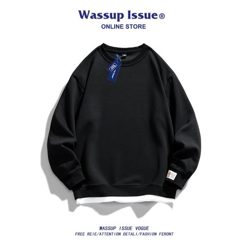 WASSUP ISSUE假兩件純色圓領秋季衛衣男士潮牌寬松打底長袖上衣