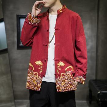 中國風龍紋刺繡紅色復古盤扣唐裝男衣服大碼中山裝外套青年套裝