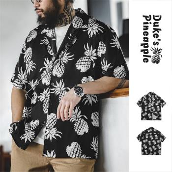 馬登工裝美式復古夏威夷菠蘿襯衫男短袖五分袖沙灘度假印花襯衣潮
