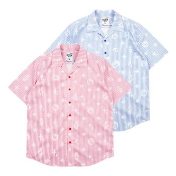 GRAF原創品牌粉紅粉藍豎條紋PVC刺繡星星字母圖案超薄古巴領襯衣
